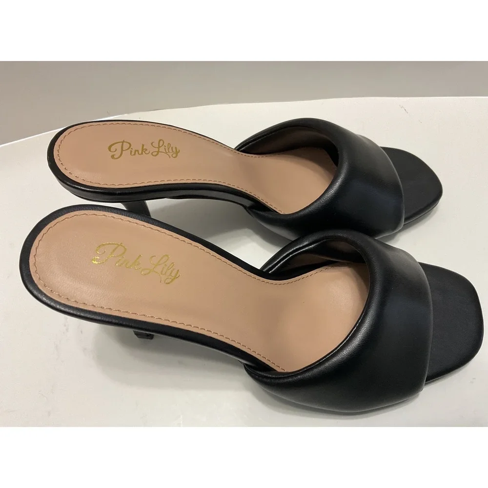Pink Lily Isley-33 Puffy Heel Black Faux Leather Square Toe Mule Sandals 3